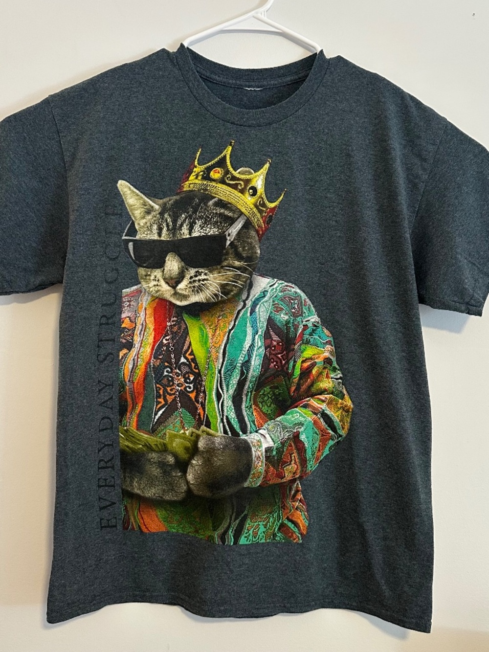 Biggie Smalls Cat Animal Graphic Print T-Shirt Large Gray Y2K Short Sleeve